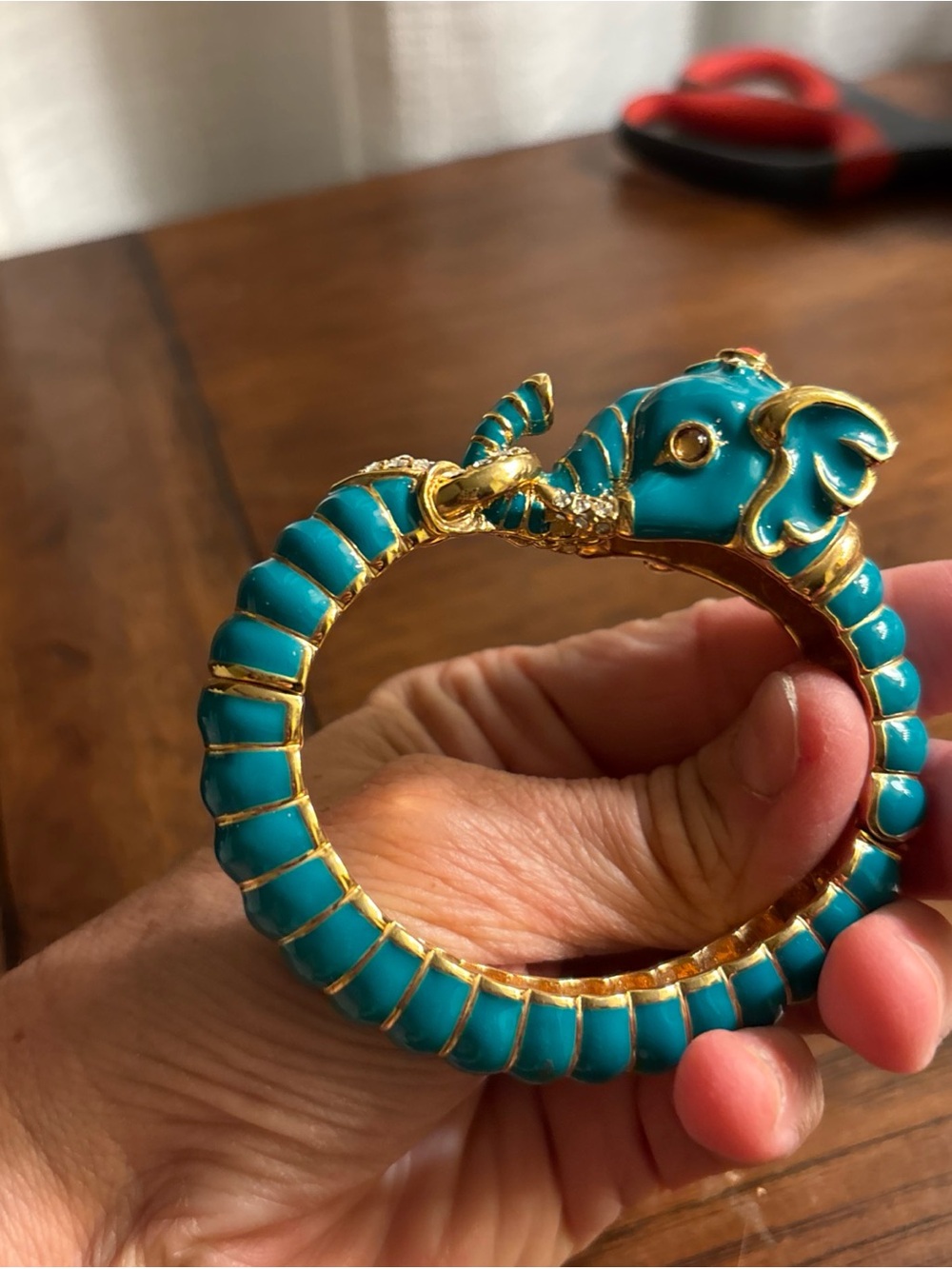 Kenneth Jay Lane KJL Teal Enamel & Rhinestone Elephant Head Cuff Bracelet - Picture 3 of 10